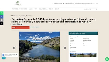 La inmobiliaria chubutense ofrecía un campo de 2.943 hectáreas con lago privado y costa sobre el río Pico.