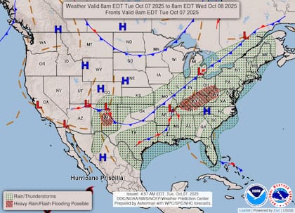 La interacción entre una masa de aire frío y la humedad del Golfo de México provocará acumulaciones de lluvia de 2 a 4 pulgadas (50-100 mm) en Kentucky y el Valle de Ohio