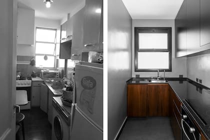 La intervención incluyó un lavadero que permitió refuncionalizar la cocina. Piso de porcellanato (Vite Porcellanato), amoblamiento enchapado en Petiribí, mesada de granito (MD Dodera), pileta (Johnson) con monocomando (FV) y alacenas laqueadas.