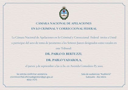 La invitación a la jura de los jueces Bertuzzi y Yadarola