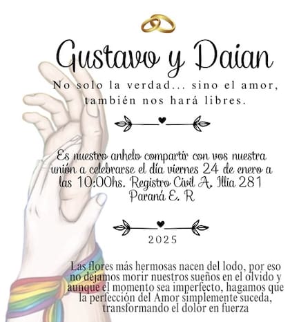 La invitación al casamiento de Gustavo Saavedra y Daian Castro