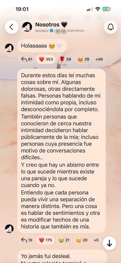 La Joaqui comenzó su descargo en su canal de difusión de Instagram al asegurar que había leído “cosas dolorosas” y otras “directamente falsas” sobre ella