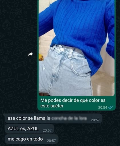 La joven compartió una conversación por WhatsApp que mantuvo con su hermana y habló sobre el daltonismo