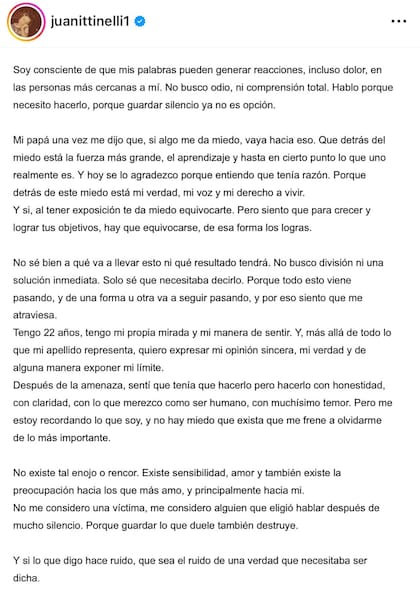 La joven modelo denunció haber recibido amenazas (Fuente: @juanittinelli1)