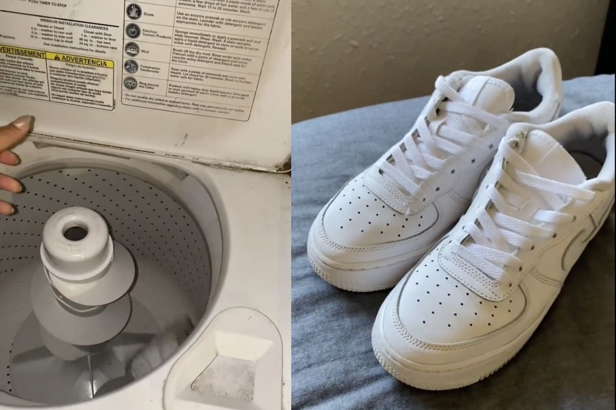 La joven mostró que sus zapatillas blancas quedan como nuevas después de seguir un procedimiento fácil con detergente y bicarbonato
