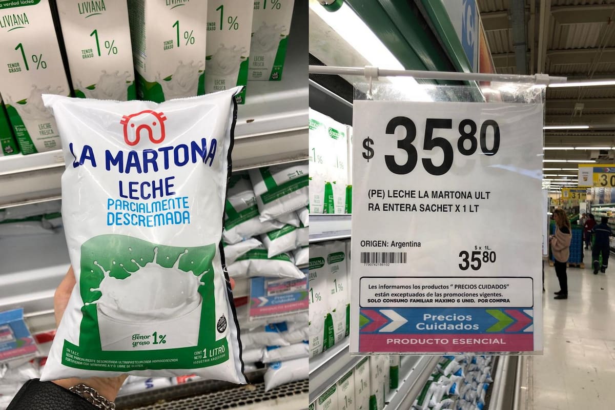La leche La Martona tiene stock y está bien señalizada en el supermercado Carrefour de Vicente López