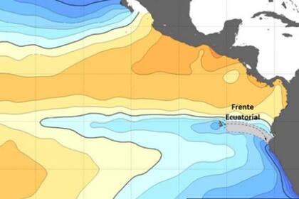La lengua fría ecuatorial, señalizada en azul, se extiende hacia el oeste por el Pacífico desde la costa norte de Perú