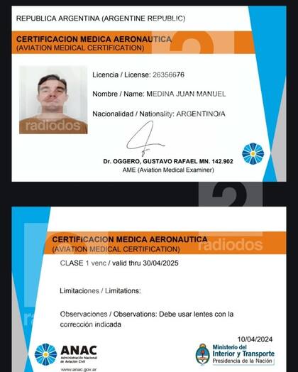 La licencia de Medina para pilotar.