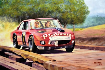 La Liebre-Tornado de Carlos Marincovich rumbo al triunfo en el Gran Premio de Turismo Carretera de 1971 en el arte de José Luis Zaccaria. Más allá de Nürburfrong, los Torino son el foco de la muestra