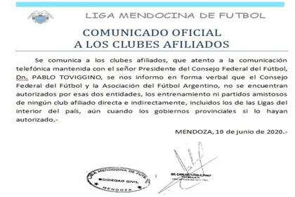 La Liga Mendocina de Fútbol les comunicó a sus clubes afiliados que, por decisión del Consejo Federal, están prohibidos los entrenamientos hasta que la AFA los apruebe.