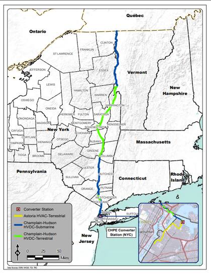 La línea recorre 545 kilómetros (339 millas) desde la frontera entre Estados Unidos y Canadá