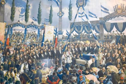 La litografía que ilustra el acto fundacional de La Plata; fueron incluidos Roca y Sarmiento, aunque no estuvieron