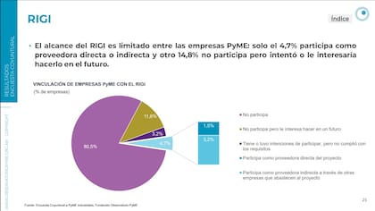 La llegada del RIGI a las pymes industriales todavía es limitada: solo el 4,7% participa como proveedor directo o indirecto de los proyectos, mientras que otro 14,8% intentó hacerlo o tiene interés en sumarse.