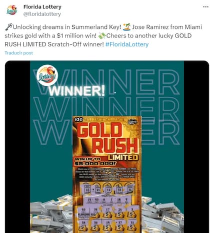 La Lotería de Florida celebró en sus redes sociales al ganador de US$1 millón