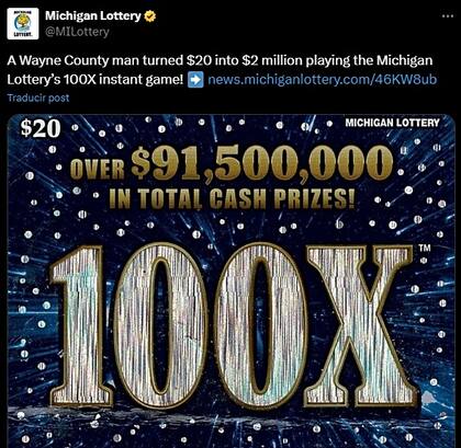 La Lotería de Michigan dio a conocer la noticia en sus redes sociales