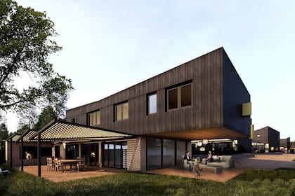 Vista del co-housing barrio chico. La madera y aberturas herméticas para conservar el aire