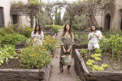 La madre y sus hijas posan para ¡HOLA! Argentina en la huerta. A la izquierda: Victoria, con un trench cruzado y pantalón de lino
wide leg; en el centro, Gabriela, con un conjunto de campera con doble cierre y pantalón, ambos confeccionados con un textil satinado con efecto durazno; y a la derecha, Paula, con campera y pantalón wide leg
realizados con un tejido de Jacquard y algodón oversized