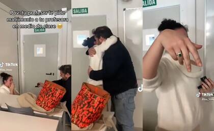 La maestra le dio el sí y ambos se fundieron en un abrazo