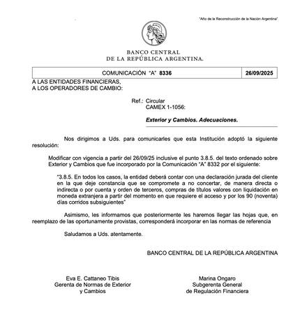 La medida se oficializó a través de la Comunicación “A” 8336 del Banco Central
