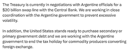 La mención en X de Scott Bessent a la quita de retenciones en la Argentina