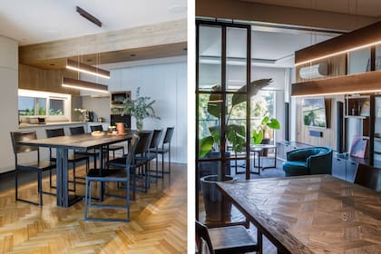 La mesa (Landmark) tiene 2m de largo. Su tapa se asocia con el parquet y las patas no molestan la ubicación de las sillas 'Lupa' (Lacroze Design Studio). Lámpara colgante (Alvar Iluminación).