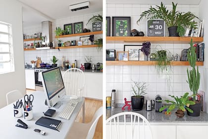 La mesa ocupa el espacio largo y angosto entre la cocina y el living. Sillas estilo Eames y sillón Windsor (Mercado Libre). La computadora, las tazas con la inicial de Piet (Jonathan Adler).