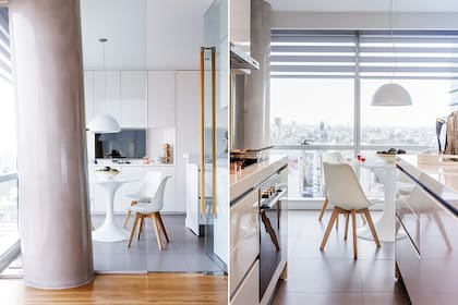 Como nos cuenta Antonio más arriba, la mesa ‘Tulip’ con sillas Eames está separada del comedor por una puerta de vidrio con herraje de madera y bronce, hecha a medida