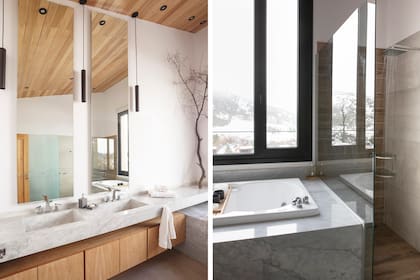 La mesada del baño y el revestimiento del jacuzzi son de mármol de Carrara; el bajomesada “flotante”, de lenga.