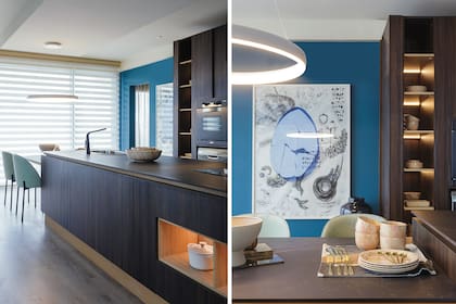 La mesada en Dekton 'Kelya' (Canteras del Mundo) se prolonga en la mesa de comedor diario (Concepto Design Center). Grifería 'Aromo' (FV).