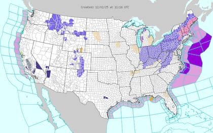 La mezcla invernal se extenderá a franjas del sur, con riesgo de hielo en forma de lluvias congeladas o aguanieve en los Apalaches orientales y el corredor de valles entre Virginia Occidental y el sur de Pensilvania