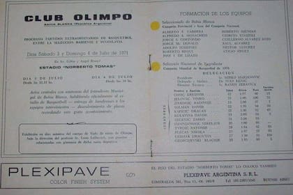La mini revista que se imprimió por la inauguración de la cancha de Olimpo con las formaciones de Bahía Blanca y Yugoslavia; aunque se anunciaba a Atilio Fruet, no jugó por una lesión