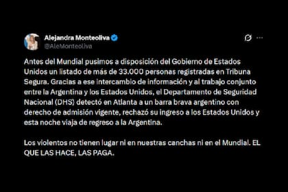 La ministra de Seguridad, Alejandra Monteoliva, informó sobre la detención de un barra brava argentino en Atlanta