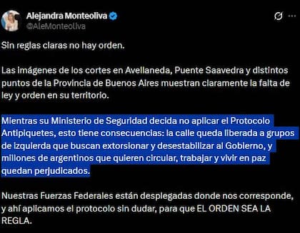 La ministra de Seguridad nacional, Alejandra Monteoliva, culpó al gobierno bonaerense por las protestas.