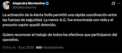 La ministra de Seguridad se refirió al rescate de la menor, identificada como A., en Pergamino