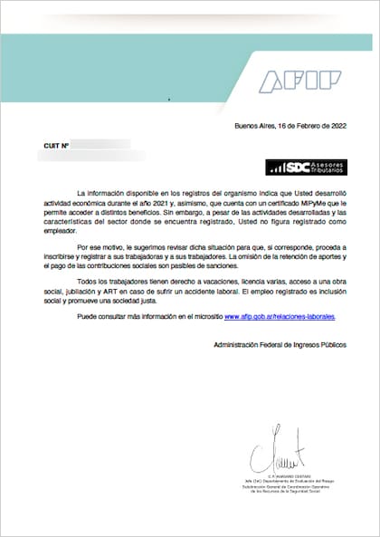 La misiva que llegó al domicilio fiscal electrónico de más de 200.000 pymes
