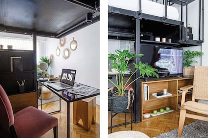 La misma estructura metálica del entrepiso incorpora un pequeño mueble para el televisor y aloja un escritorio debajo; todo en pos de ahorrar metros cuadrados