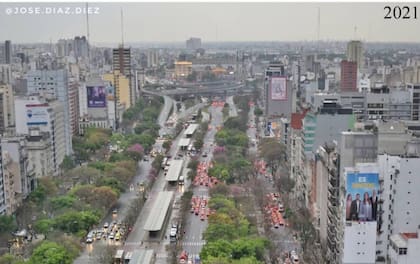 La misma toma que la fotografía anterior, desde las alturas del exedificio del MOP, pero en una imagen de 2021 donde, entre otros cambios, se perciben las autopistas urbanas más allá de la avenida San Juan y la presencia del Metrobús a lo largo de la 9 de julio