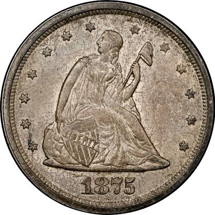 La moneda 20 centavos de 1875-S se caracteriza por tener la figura de Libertad de Gobrecht sentada sobre una roca