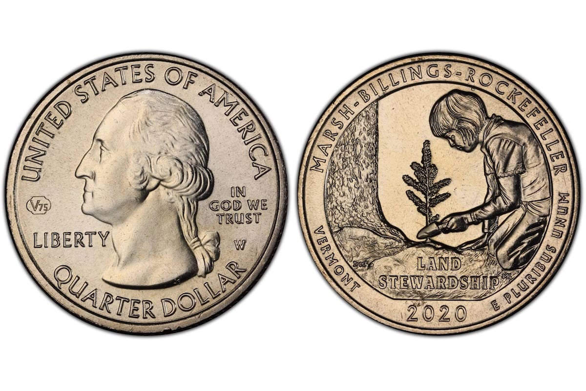 La moneda con el rostro de George Washington en el anverso y una niña que planta una plántula de pícea en el reverso pertenece a la serie conocida como "America the Beautiful Quarters"