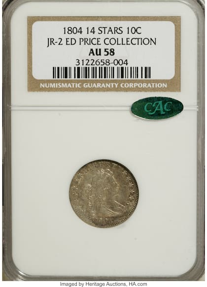 La moneda de diez centavos de 1804, que se vendió por 632 mil dólares, fue calificada como NGC AU58, una de las categorías más altas de conservación