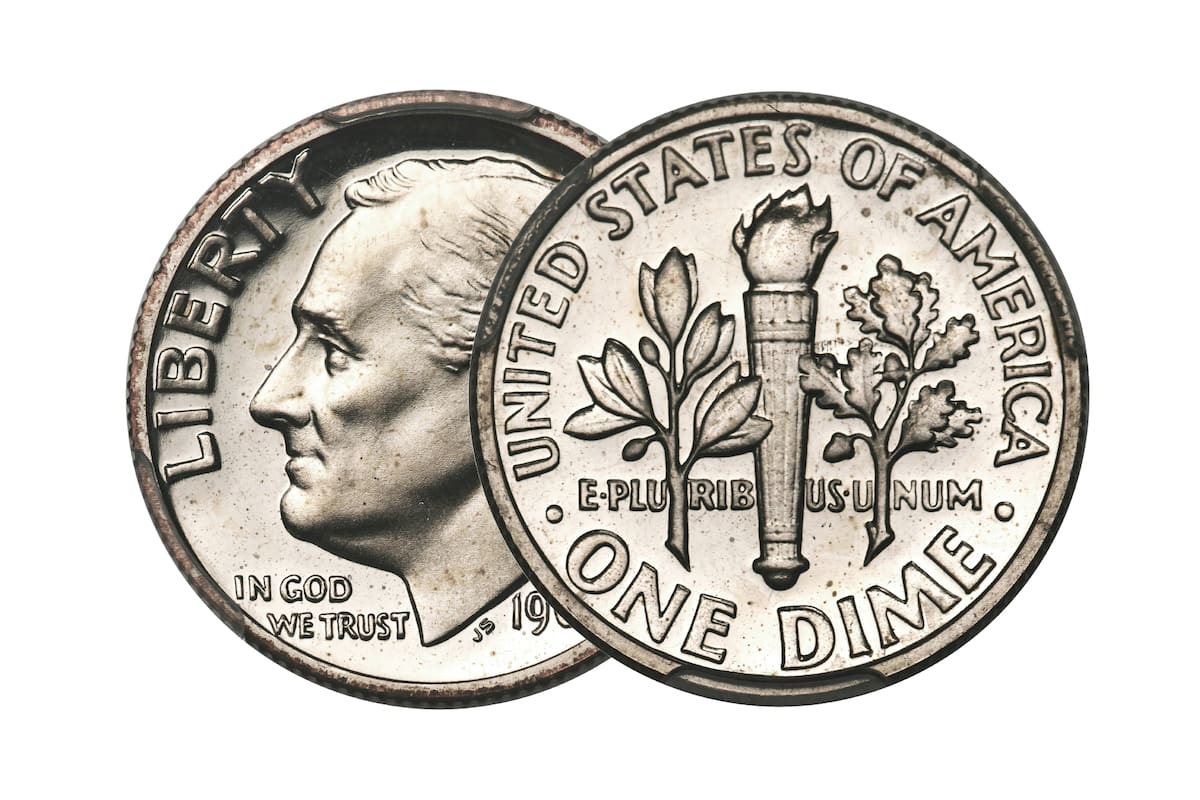 La “moneda de diez centavos proof sin S” de 1975, fue acuñada en la Casa de la Moneda de San Francisco