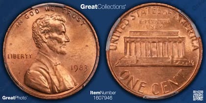 La moneda en cuestión es un “error de transición” producida en un planchet de bronce sobrante de 1982 o antes (Imagen de GreatCollections)
