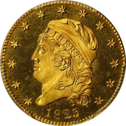 La moneda fue acuñada en 1825 y está compuesta de 91,7% de oro, 8,3% de cobre