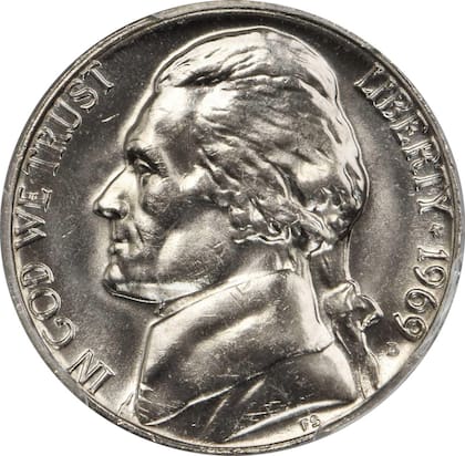 La moneda pertenece a la serie de Jefferson Nickel acuñada en Denver en 1969