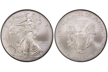 La moneda Silver Eagle de 2008 tiene una figura de la Estatua de la Libertad en su anverso y la imagen del águila heráldica en su reverso