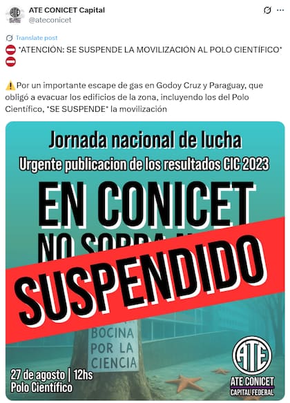 La movilización al Polo Científico, prevista para este miércoles, se suspendió debido al escape de gas en las cercanías (Fuente: @ateconicet)