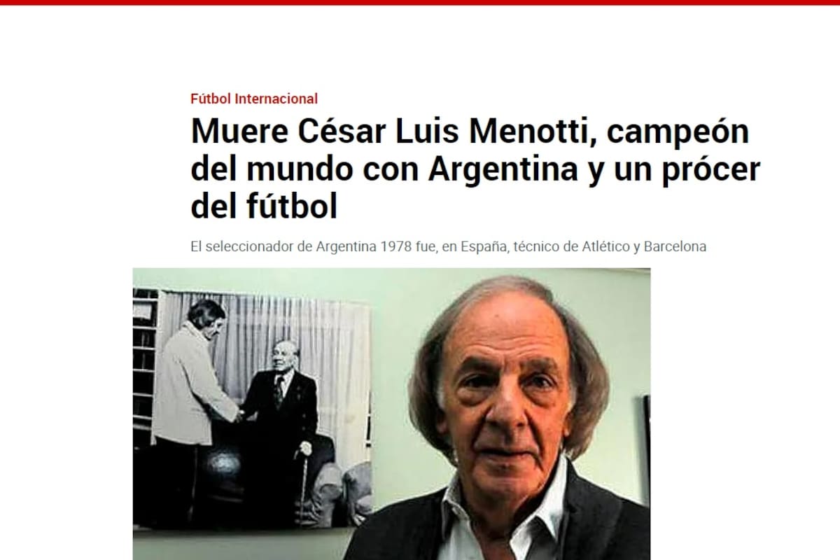 La muerte de Menotti en la home del diario Marca