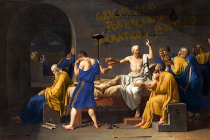 La muerte de Sócrates, de Jacques-Louis David (1787) intervenida para transformarla en "Bocart"
