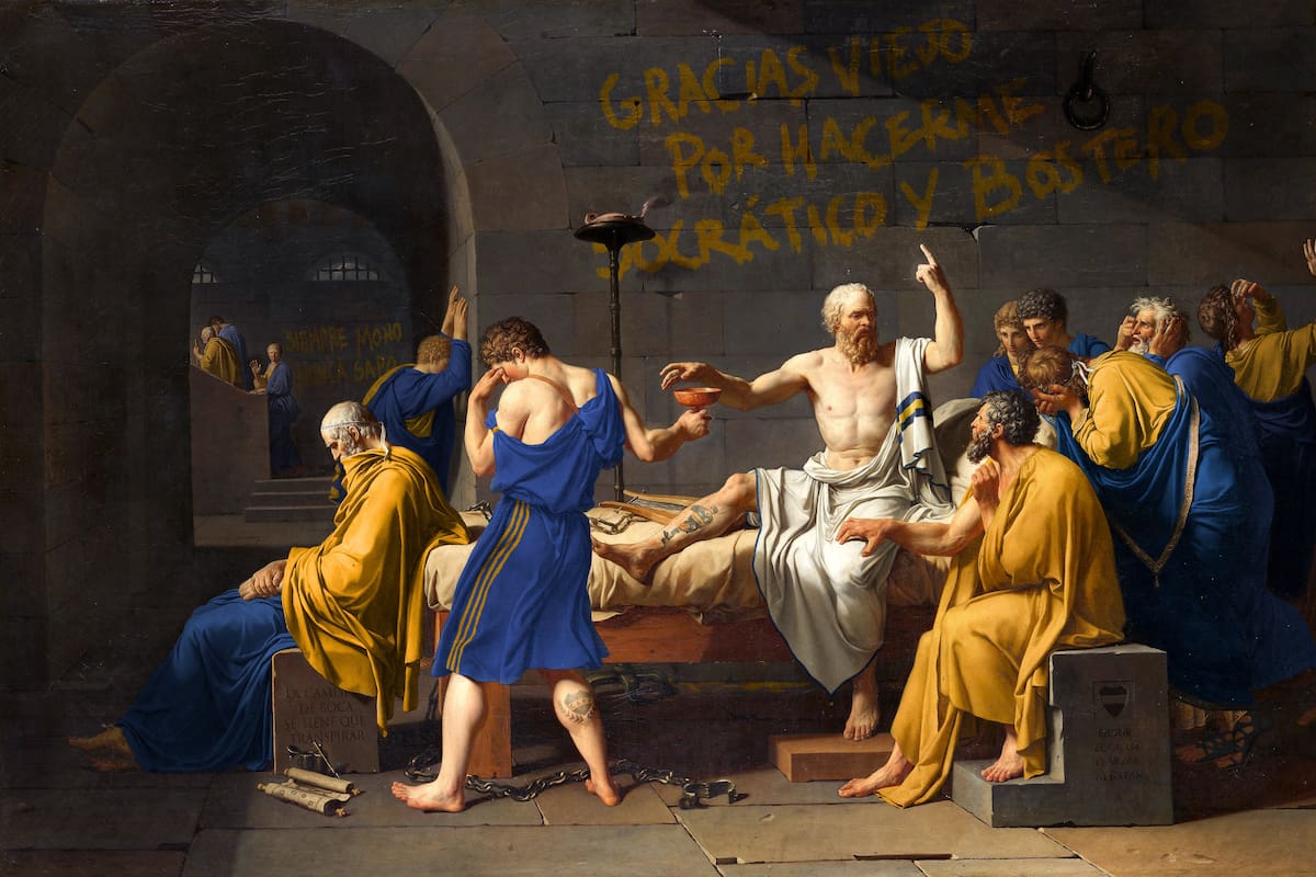La muerte de Sócrates, de Jacques-Louis David (1787) intervenida para transformarla en "Bocart"