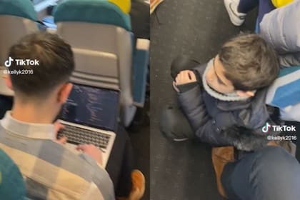 La mujer mostró a su hijo pequeño que estaba de cuclillas en el pasillo del tren